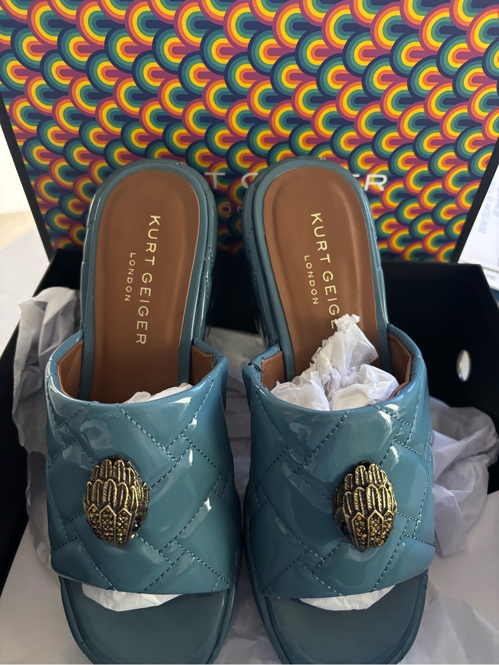 Kurt Geiger blue Quilted Patent Slide Mules with Gold Emblem